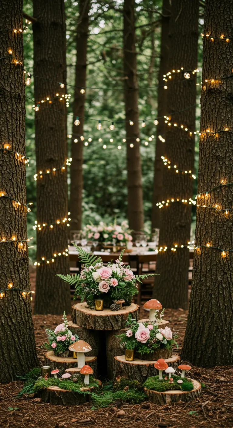 Floral arrangements on log slices in a forest, decorated with fairy lights and mushrooms.
