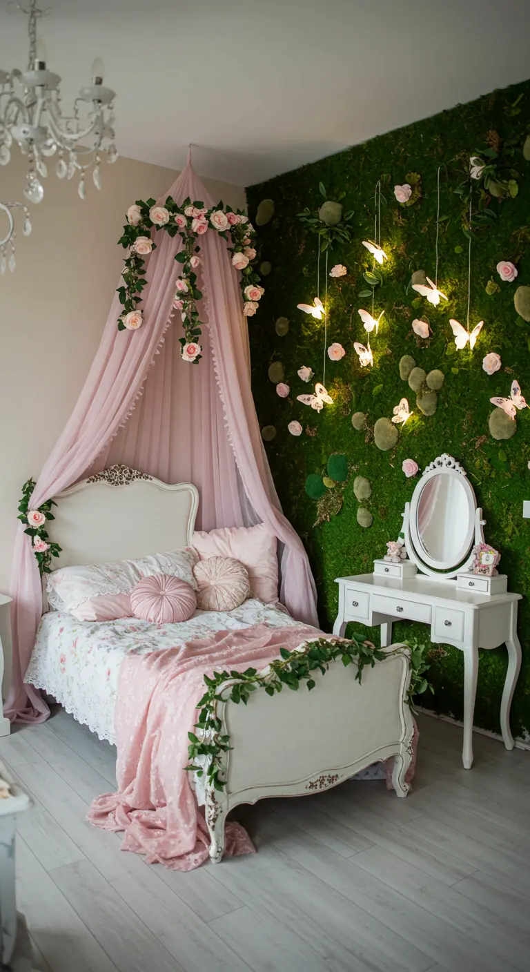 A white bed with a pink canopy and a moss wall decorated with illuminated butterflies.