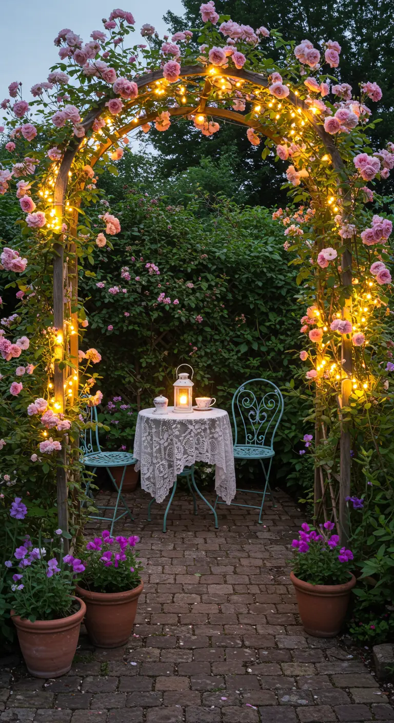 Wooden arch with pink climbing roses and fairy lights over a small outdoor bistro table.