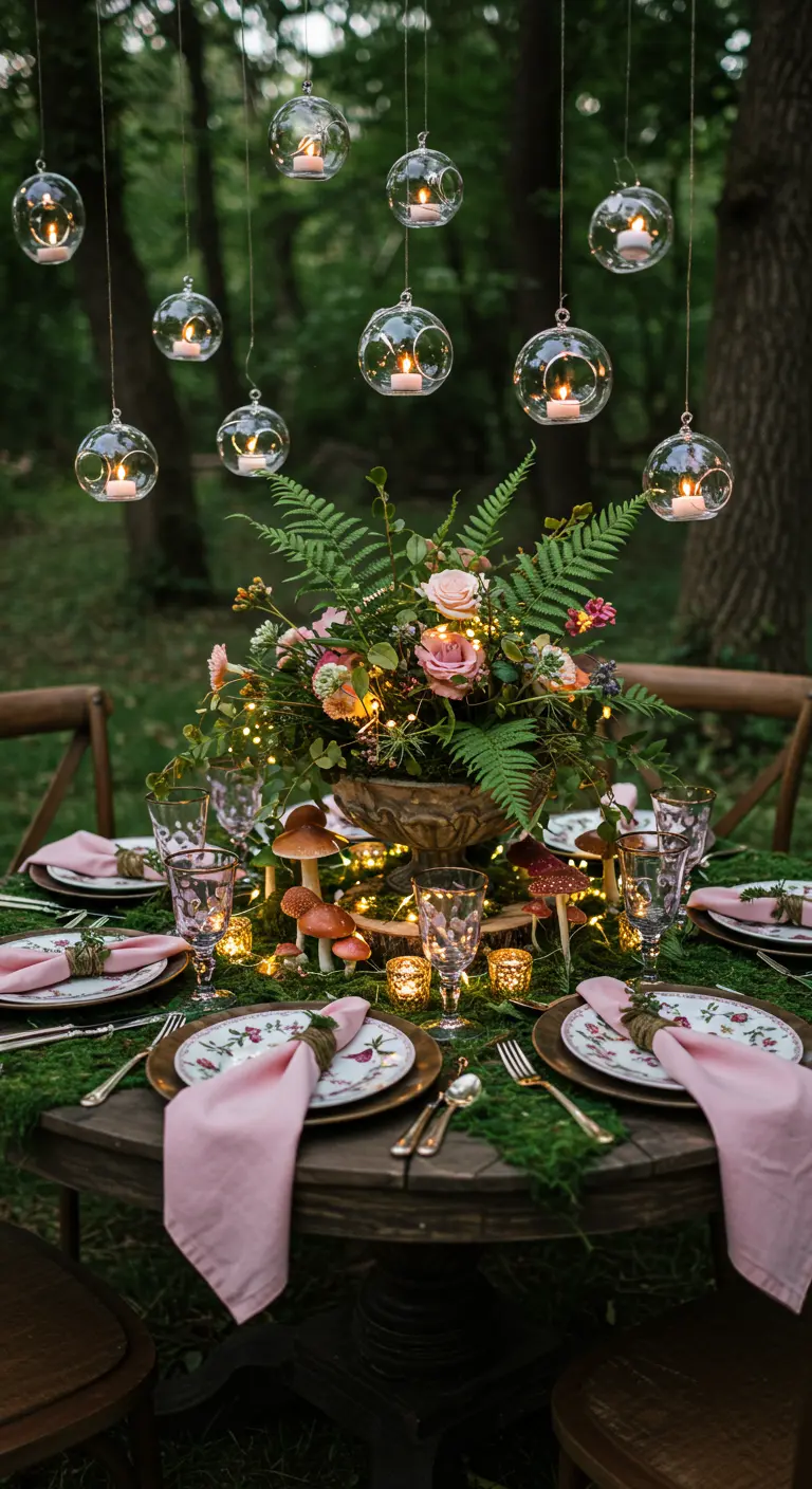 Enchanted forest tablescape with hanging candle orbs and moss.