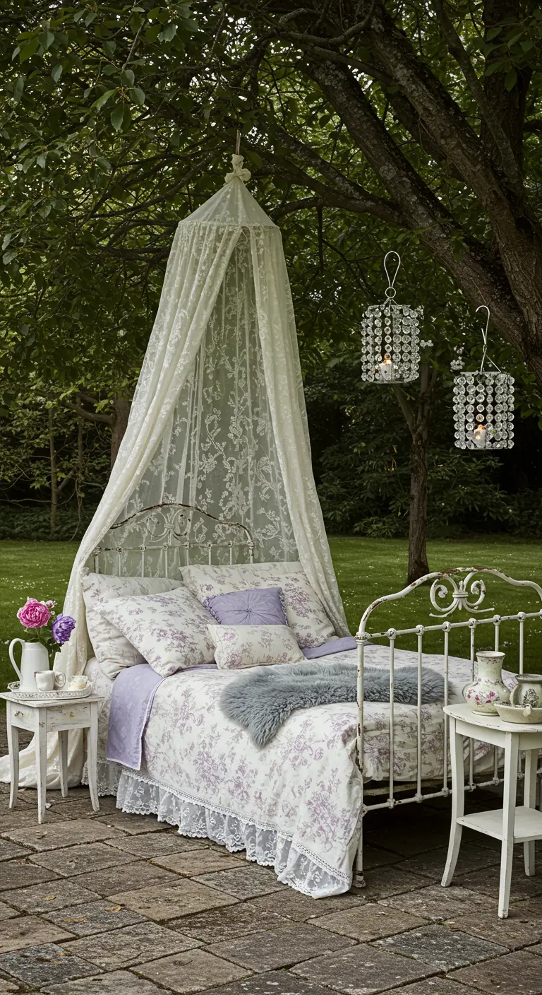 A wrought iron bed under a lace canopy in a garden, with crystal chandeliers.