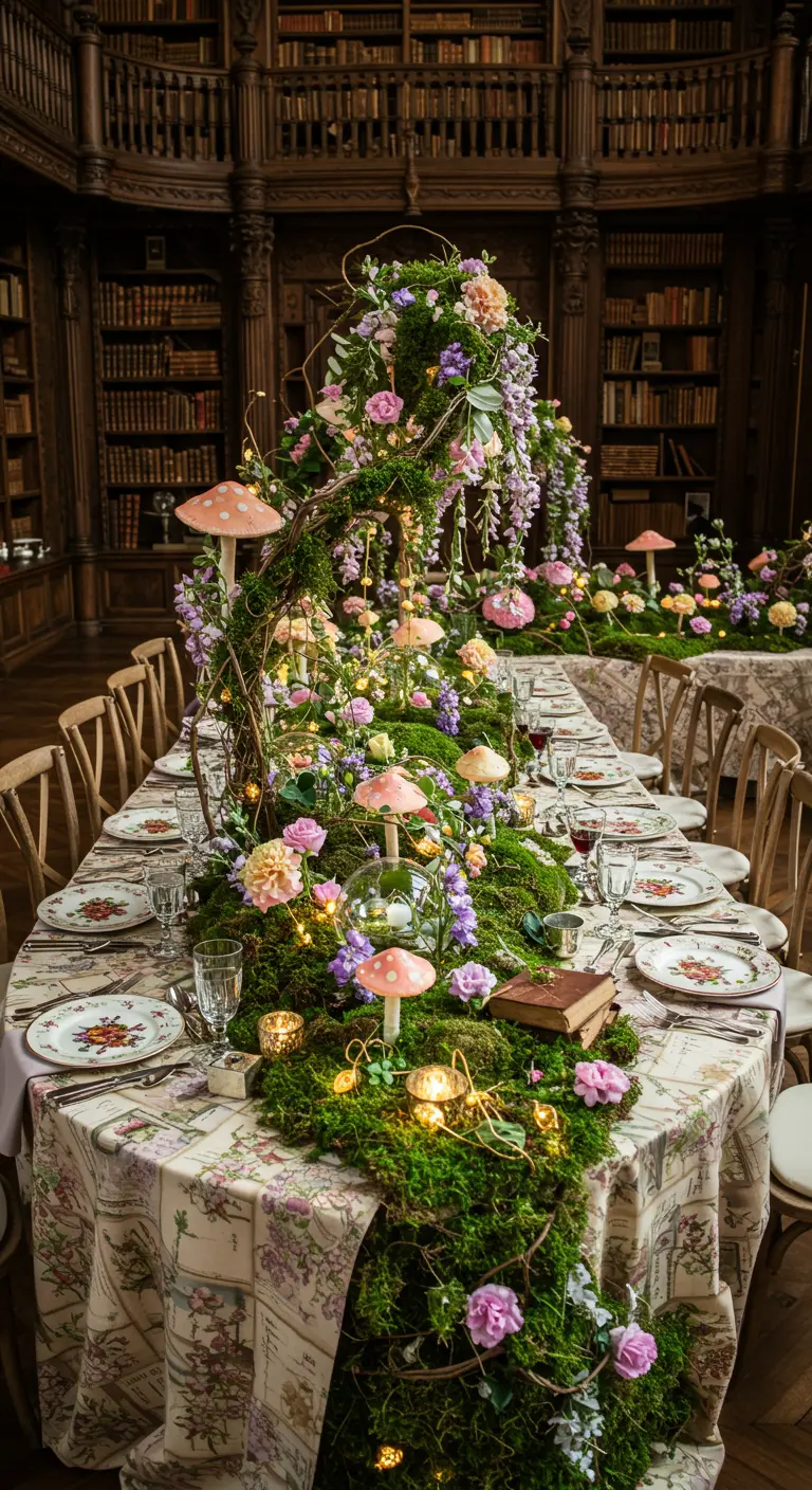 A long table in a library with an enchanted forest runner of moss, flowers, and mushrooms.