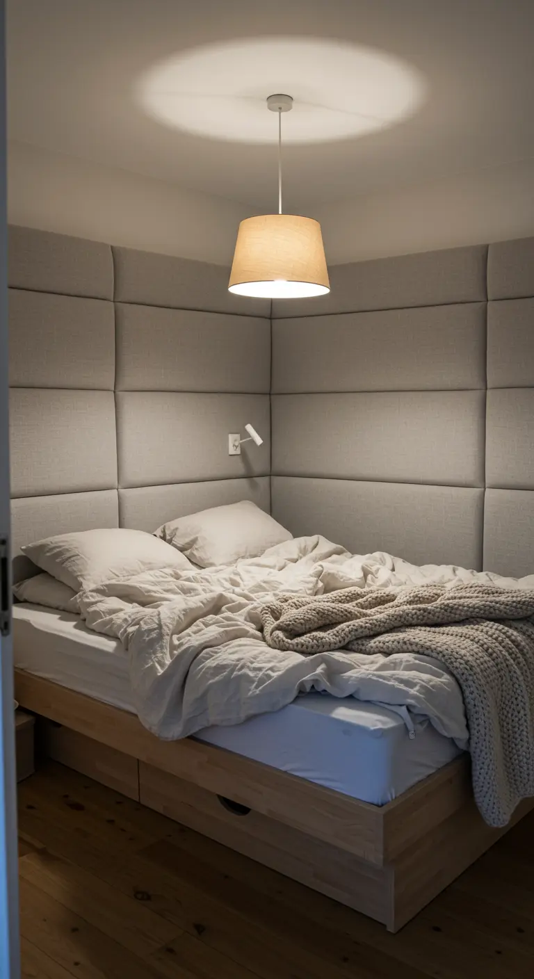 A cozy bed built into a nook with grey upholstered wall panels creating a full-wall headboard.