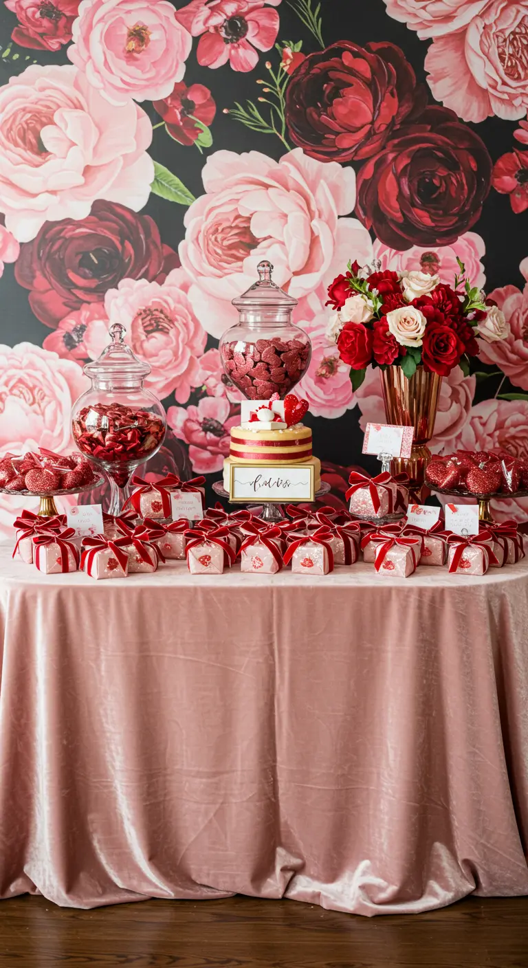 A dessert table set against a dramatic backdrop of dark floral wallpaper with oversized pink and red roses.