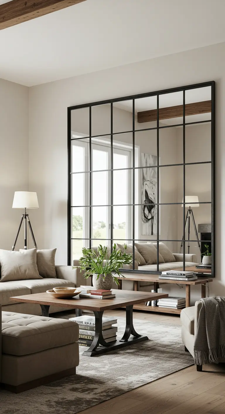 A large black-gridded windowpane mirror on a living room wall, reflecting the sofa.