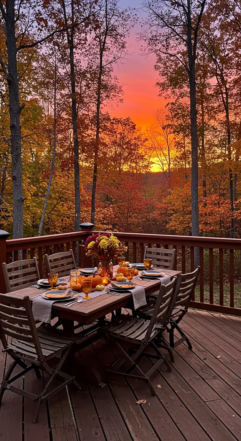 A wooden dining table on a deck overlooking a forest with brilliant autumn foliage at sunset.