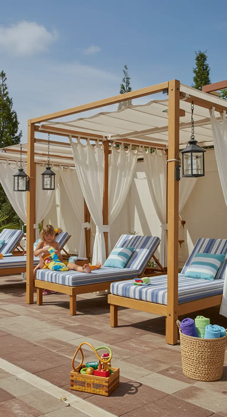 Multiple teak daybeds with blue and white striped cushions by a pool.