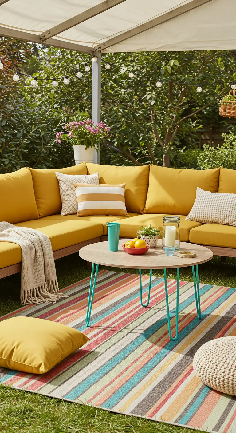 A mustard sectional on a colorful striped rug in a grassy backyard with mismatched pillows.