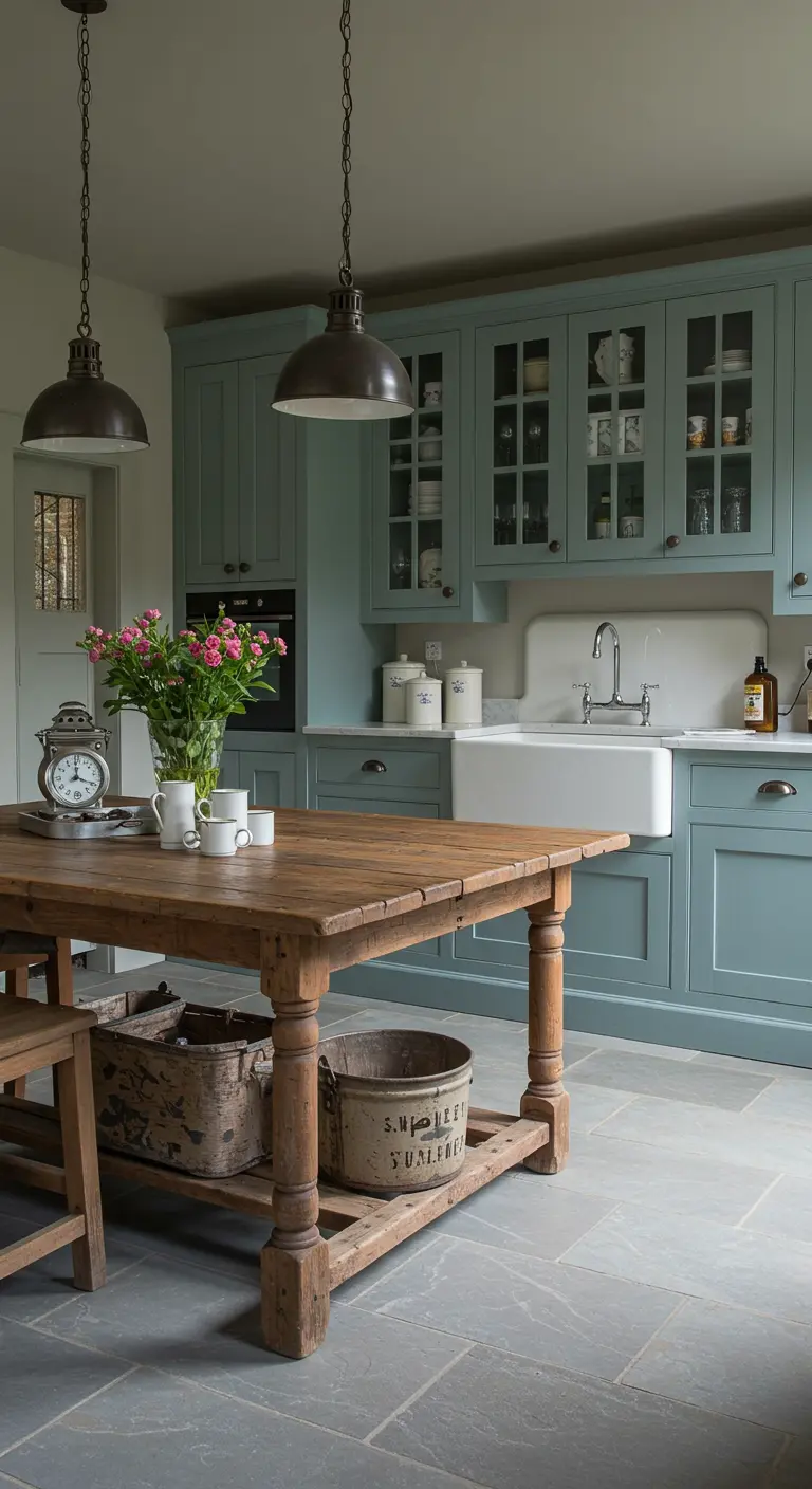 A Country French kitchen with blue-green cabinets, a rustic wooden farm table, and two dark pendants.