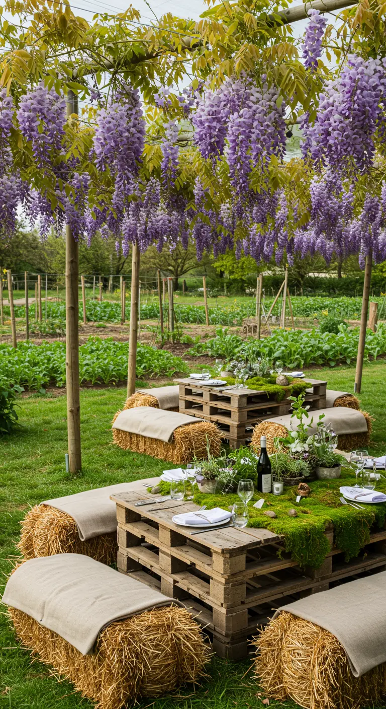 Outdoor picnic with tables made of wooden pallets and seating from hay bales under wisteria.