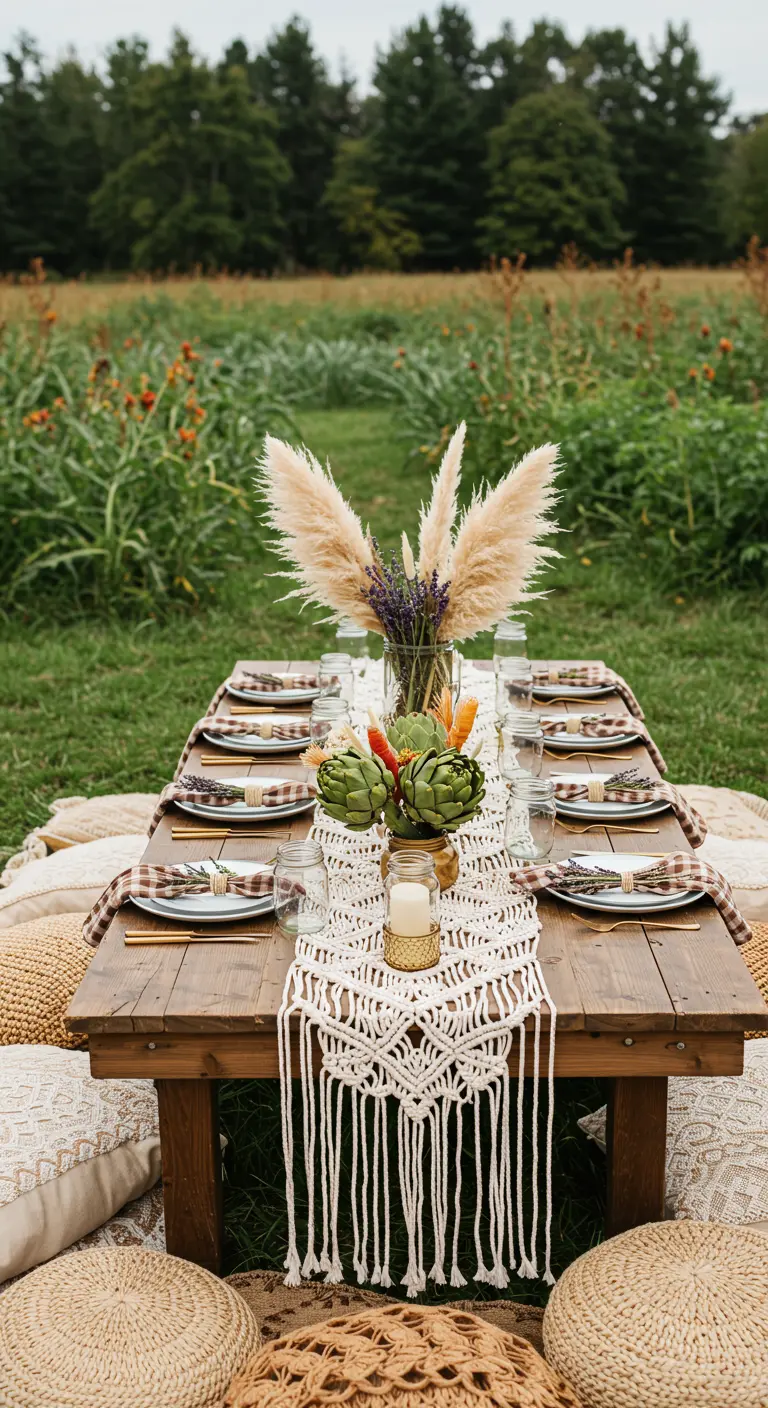 Picnic table in a meadow with an edible centerpiece of artichokes and carrots.