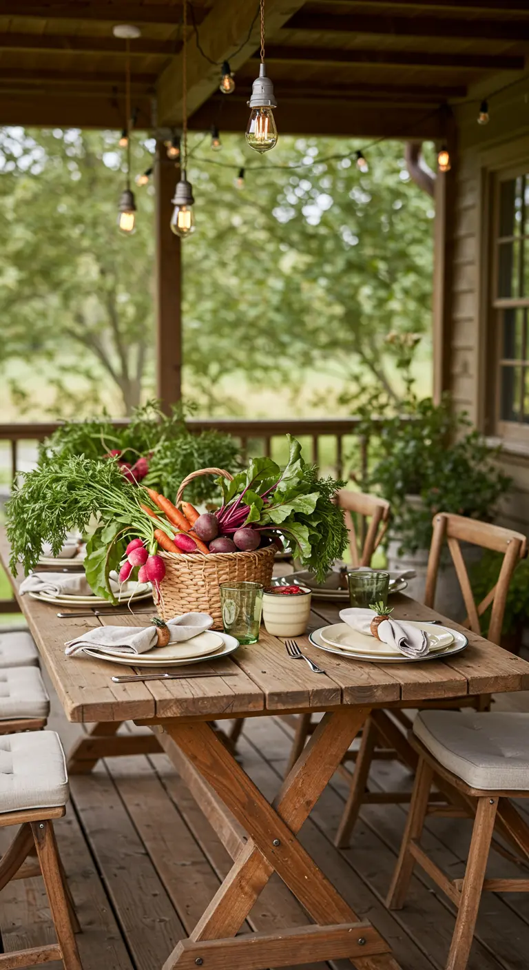 Wooden table with a basket of fresh root vegetables as a centerpiece.