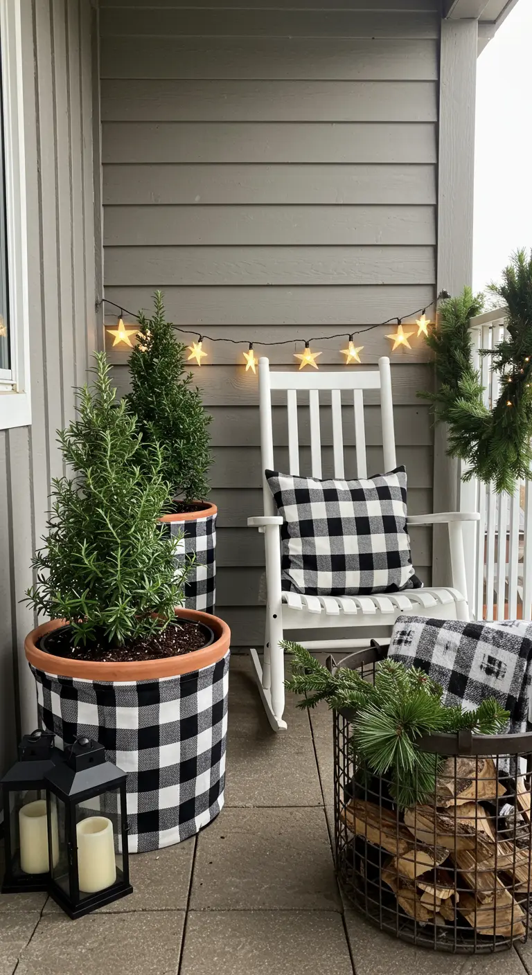 Planters wrapped in buffalo check fabric on a porch with a white rocking chair and black lanterns.