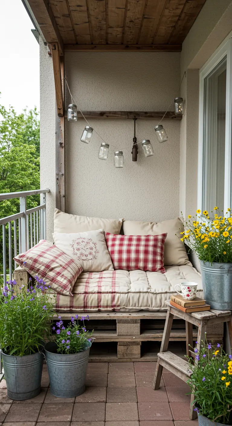 Rustic balcony with a pallet sofa, plaid cushions, and flowers in galvanized buckets.