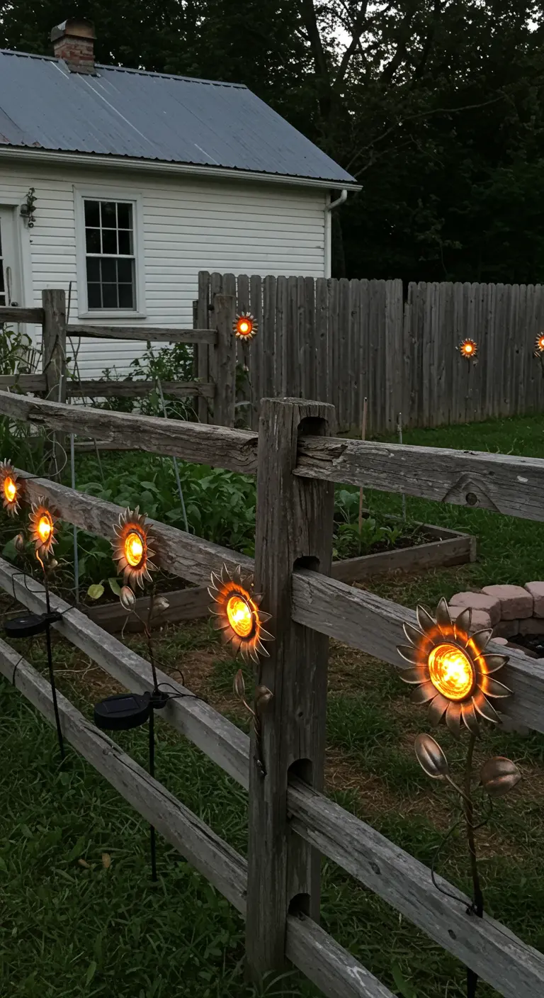 Solar-powered sunflower lights attached to a rustic wooden fence next to a garden.