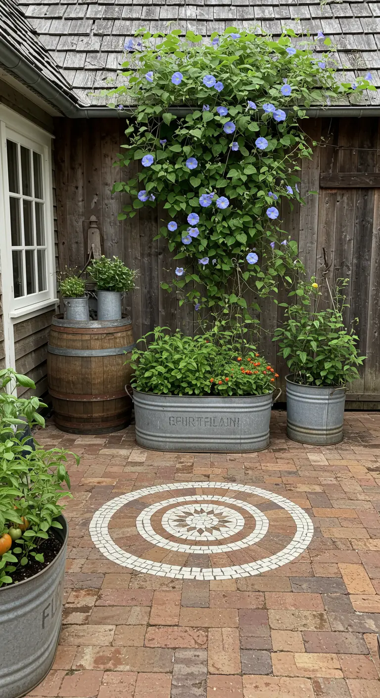 Brick patio with galvanized troughs as planters and a central sunburst tile mosaic.