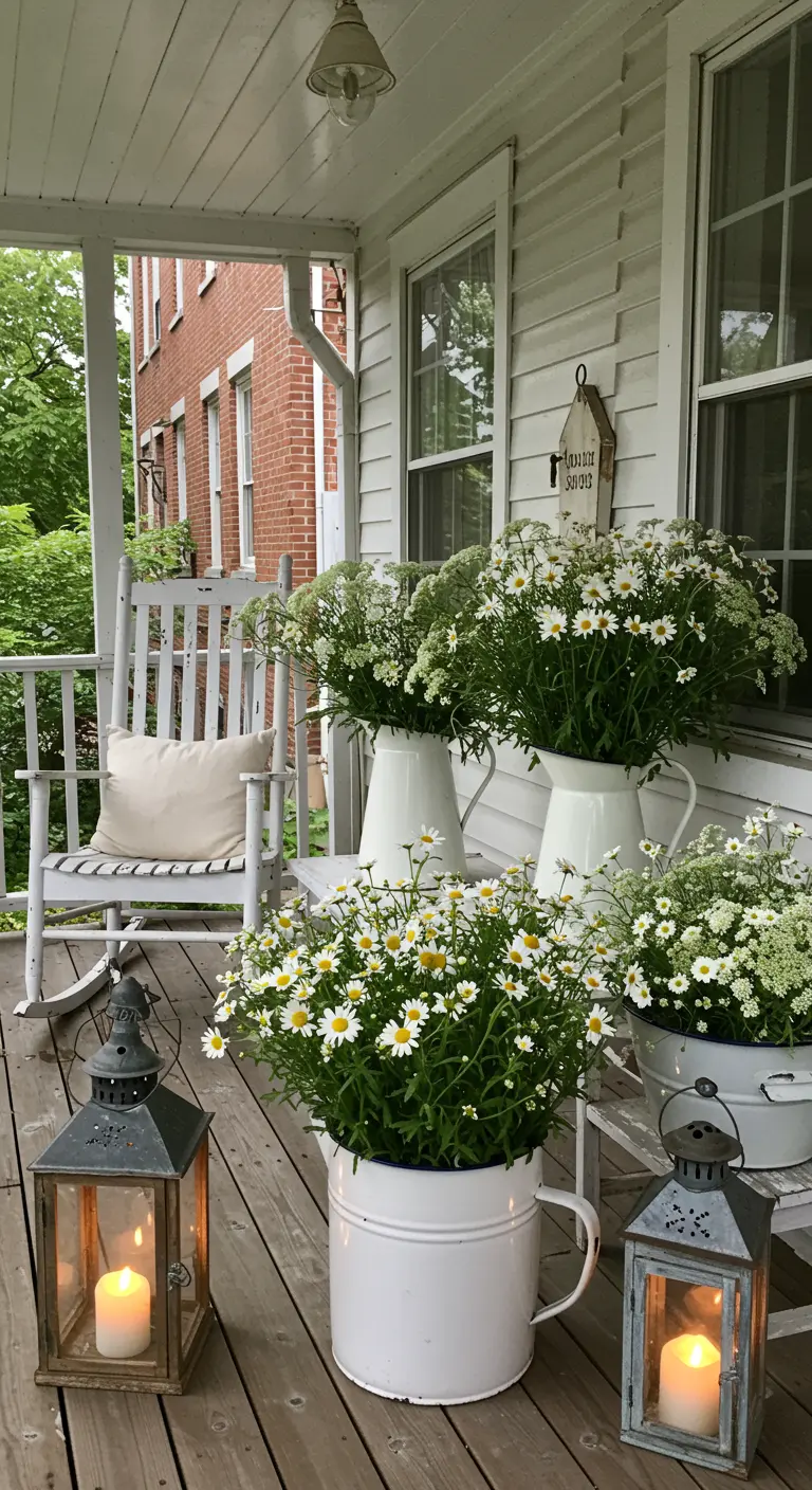A porch with a rocking chair, daisies in white enamel pitchers, and weathered lanterns.
