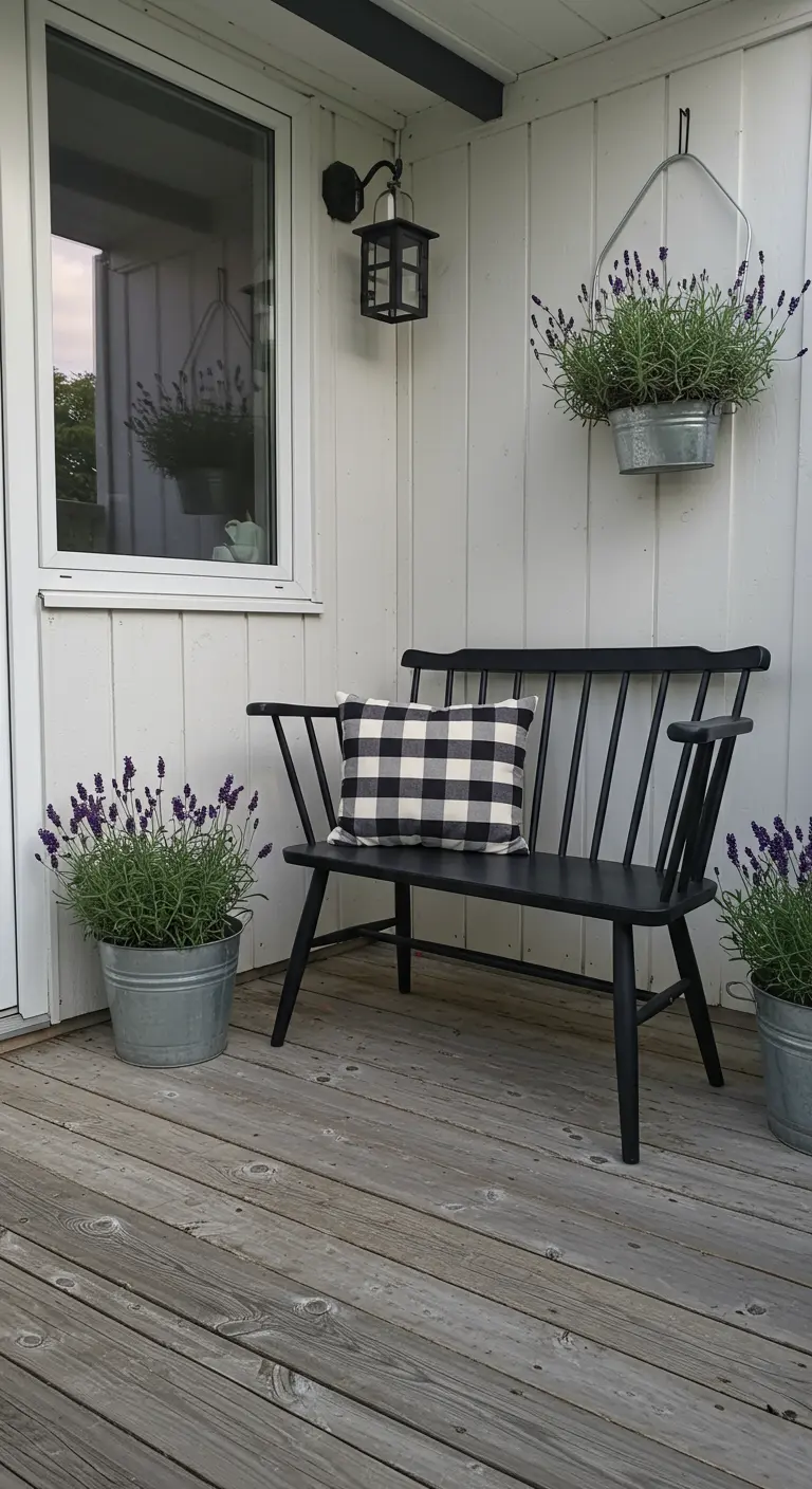 A black bench on a wooden porch with lavender planted in galvanized metal buckets.