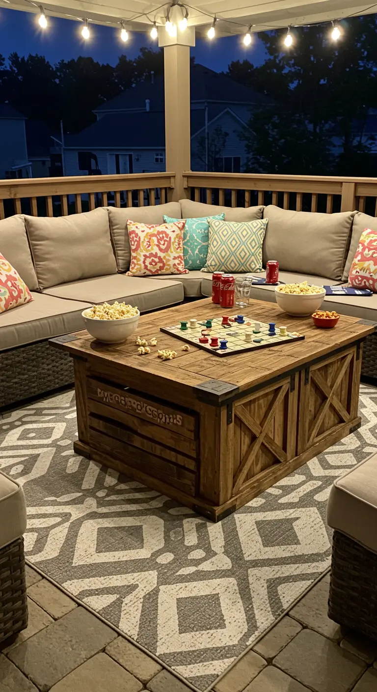 Crate table with X-style barn door details, set for a game night.