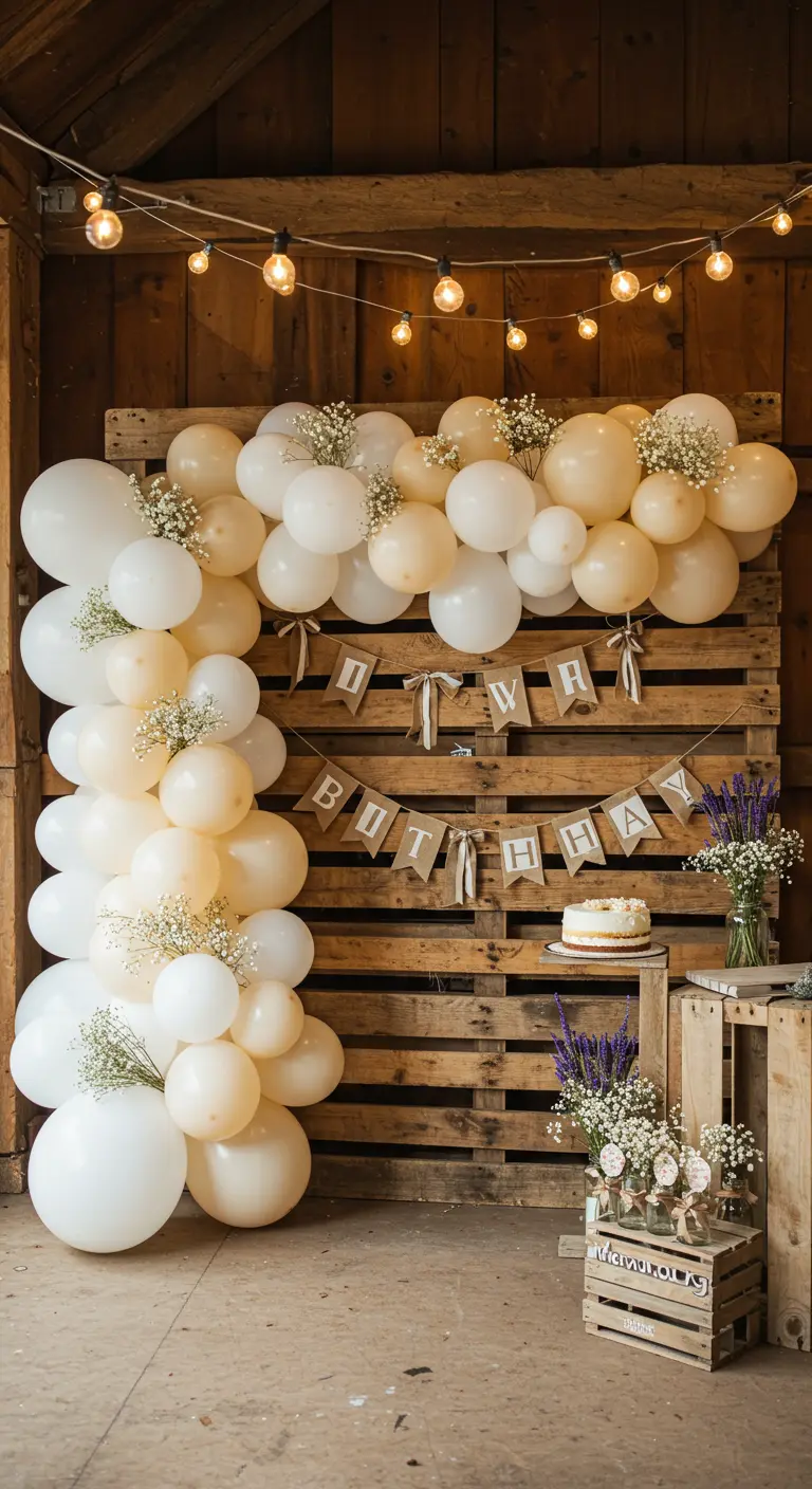 A rustic balloon garland with baby's breath against a wood pallet wall.