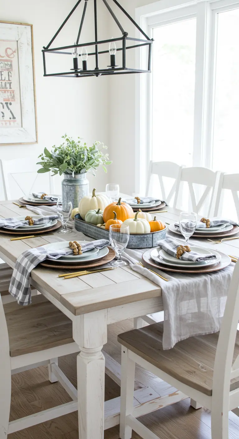 A bright farmhouse table with a metal tray centerpiece filled with pumpkins and sage-toned plates.