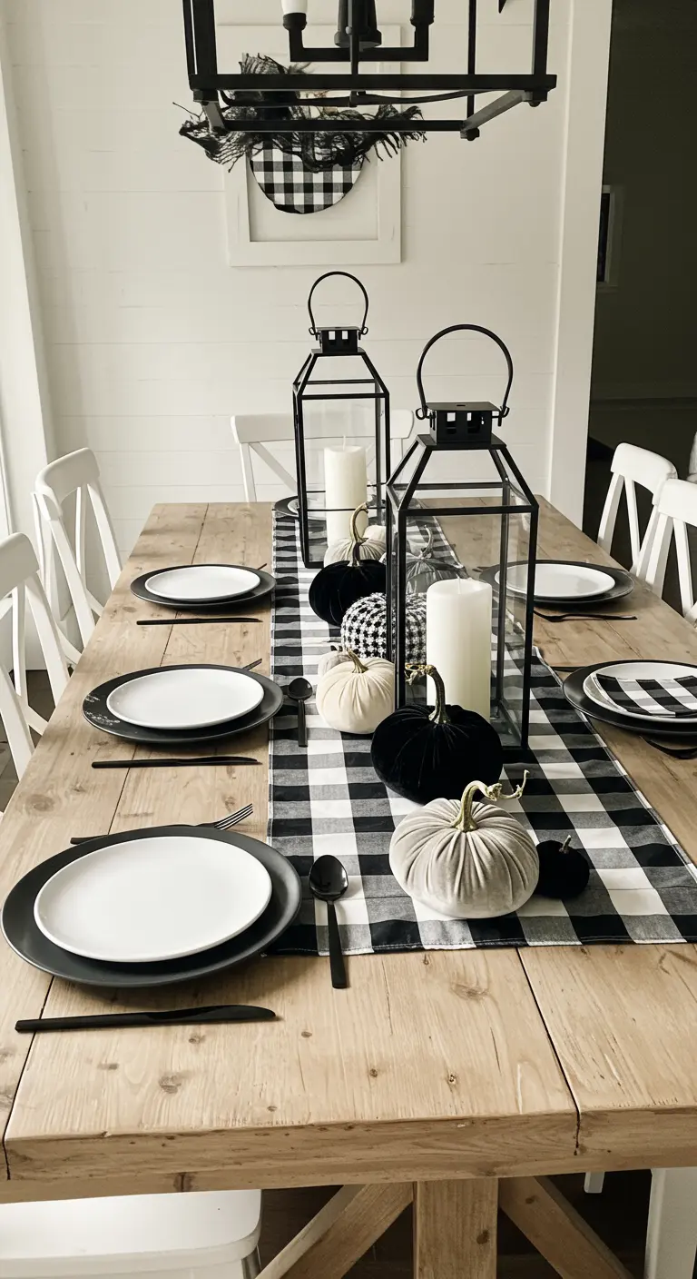 A farmhouse table with a buffalo check runner, black lanterns, and black and white pumpkins.