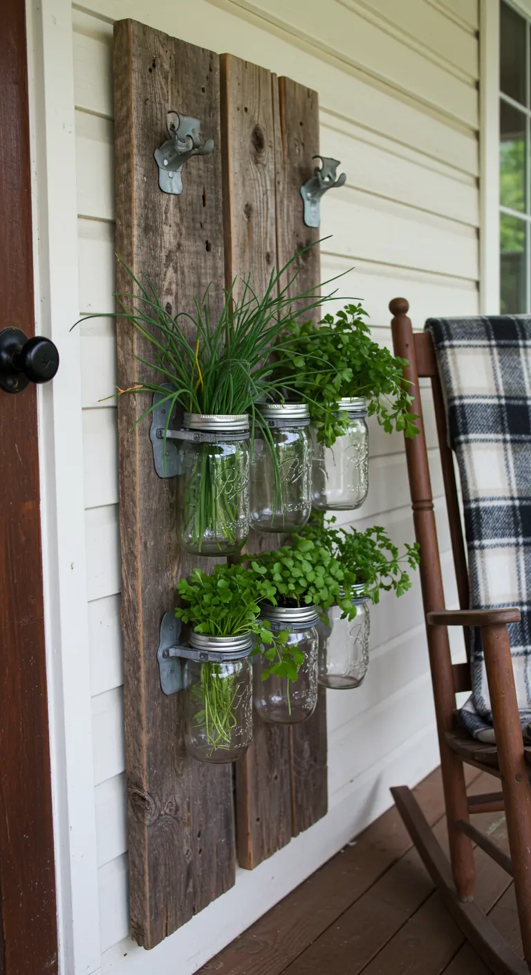 A rustic herb planter made of reclaimed wood uses metal clamps and vintage coat hooks.