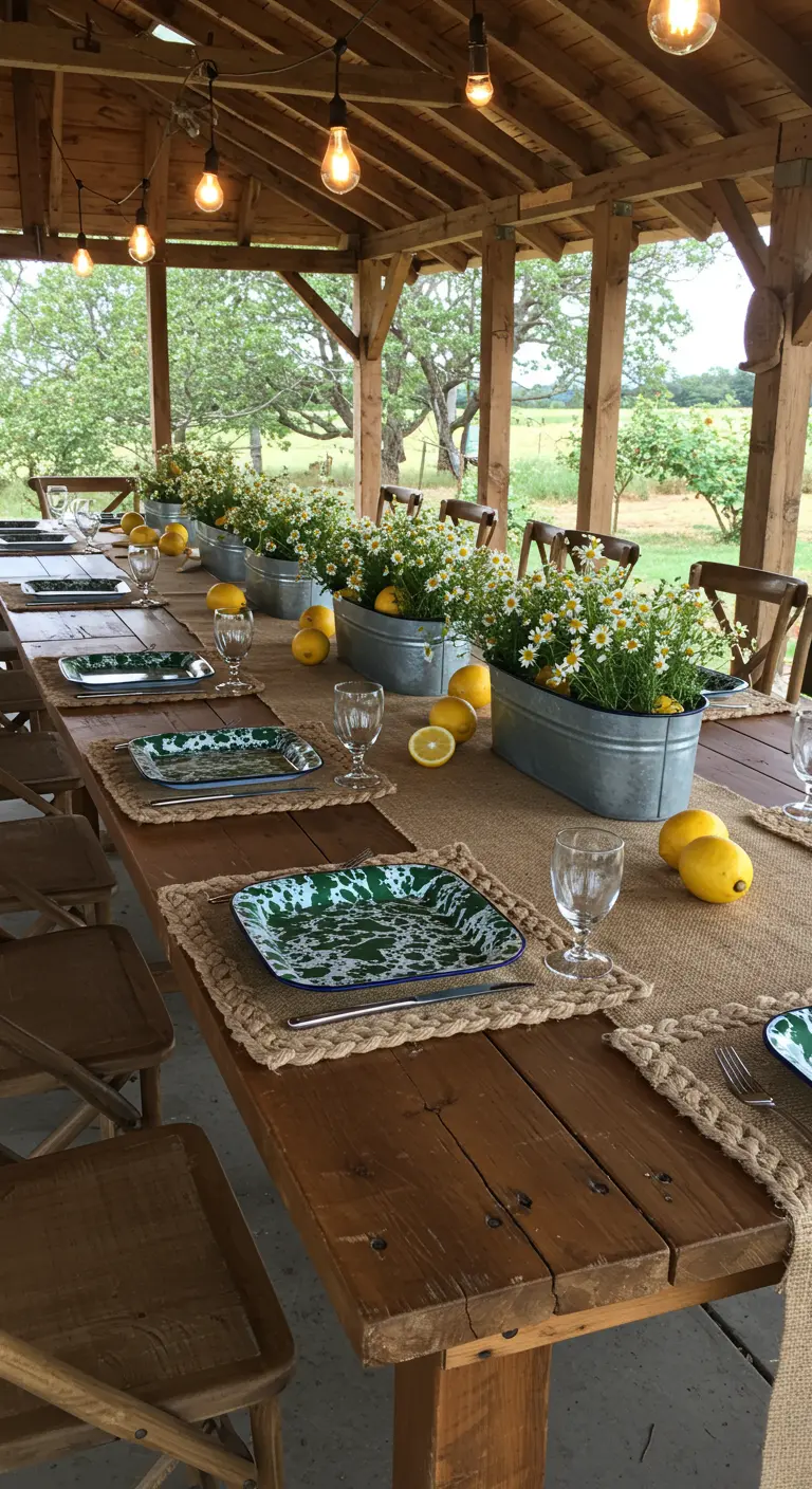 A rustic table with galvanized planters holding daisies and lemons.