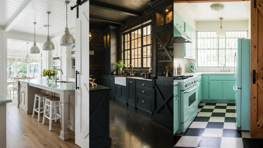 Farmhouse and industrial kitchens with steel-framed windows and barn doors, showcasing diverse styles.
