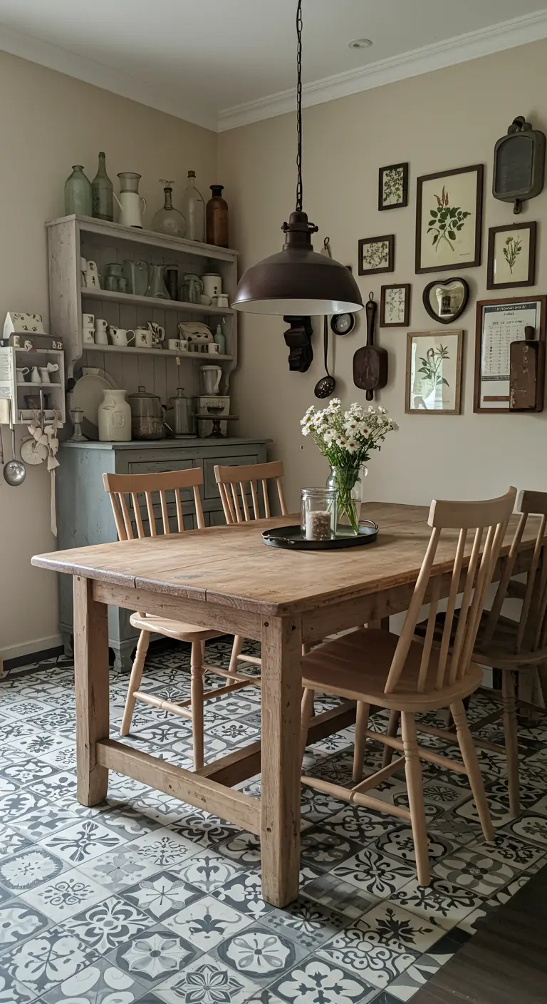 Farmhouse kitchen with patterned floor tiles, a wooden dining table, and a hutch displaying dishware.
