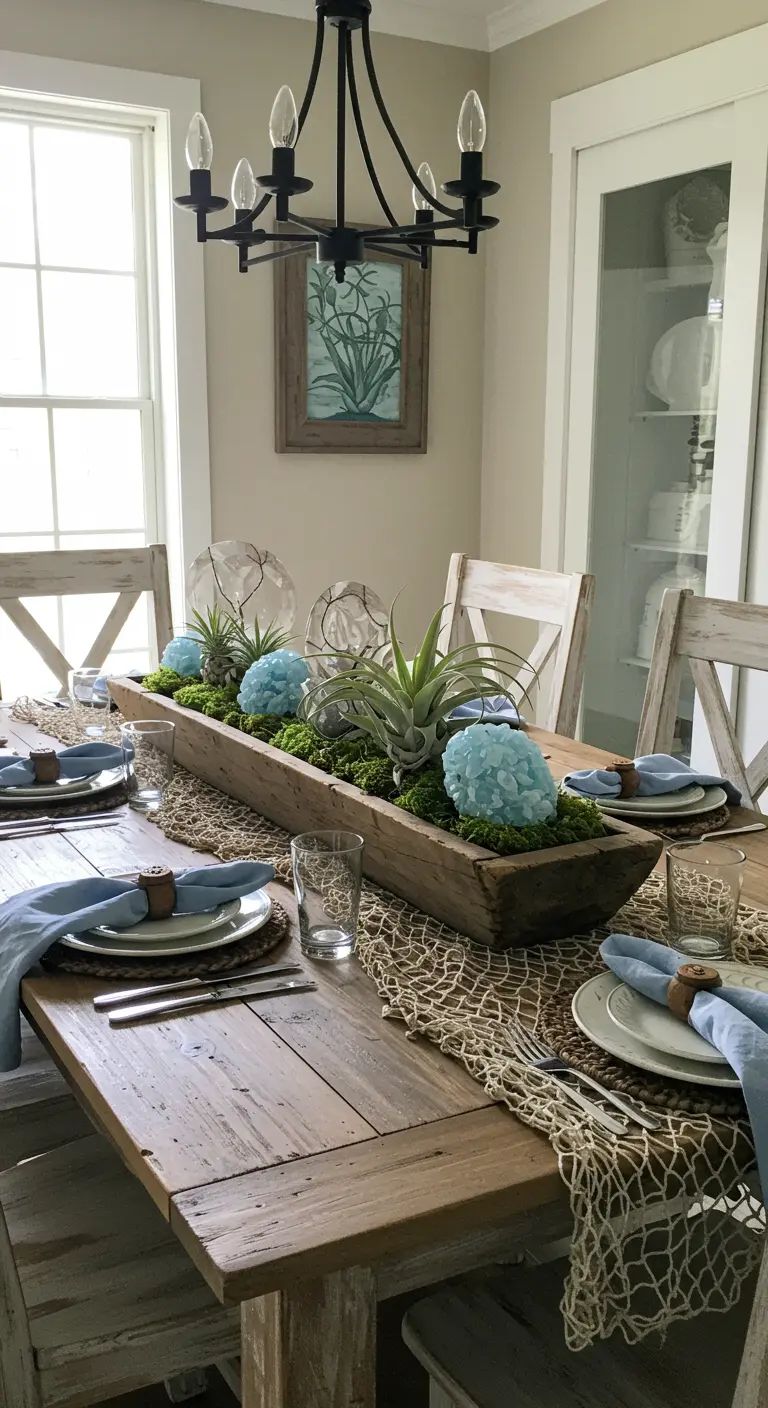 Farmhouse table with a wooden trough centerpiece filled with air plants and moss.