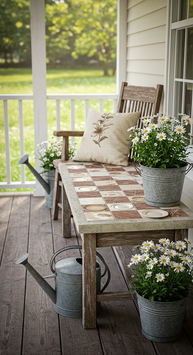 A rustic wooden bench on a porch with a checkerboard mosaic top, surrounded by daisies in watering cans.