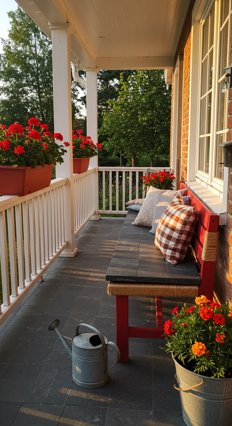 A red and black farmhouse bench with rope details on a porch, surrounded by geraniums.