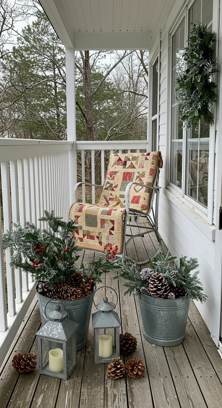 Porch with a rocking chair, quilt, and galvanized buckets filled with winter greenery.