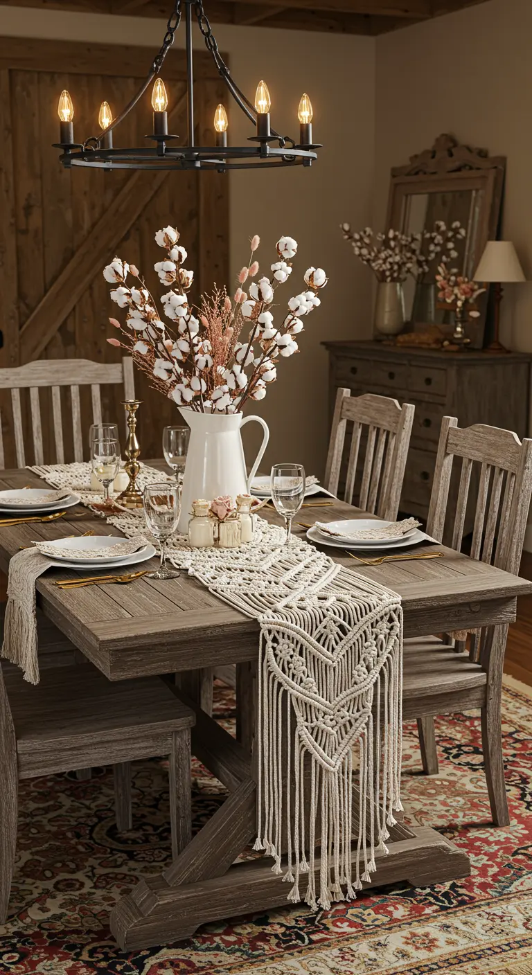 A rustic dining table with a macramé runner and a centerpiece of cotton stems in a white pitcher.