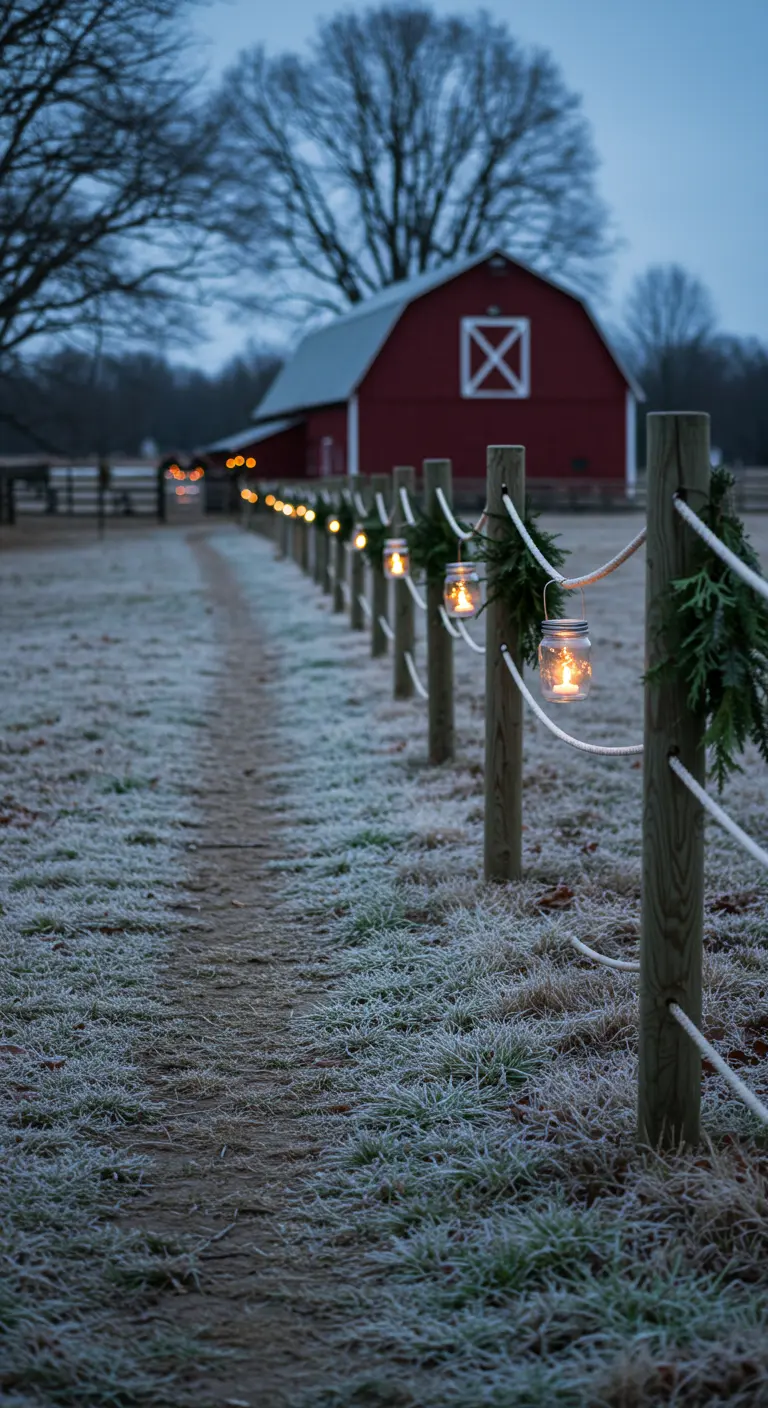 Frosted path leading to a red barn, with mason jar lanterns on a fence.