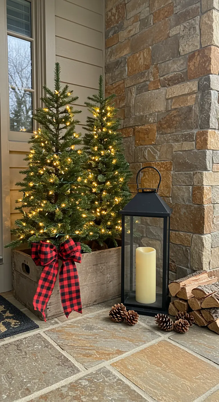 Two mini trees in a wooden crate with a plaid bow, next to a lantern.