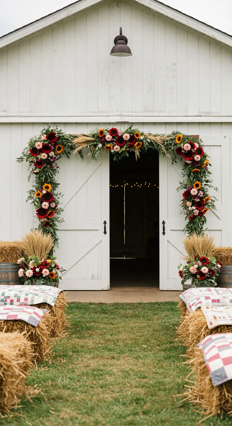 A floral arch framing the entrance to a white barn, with hay bale seating.