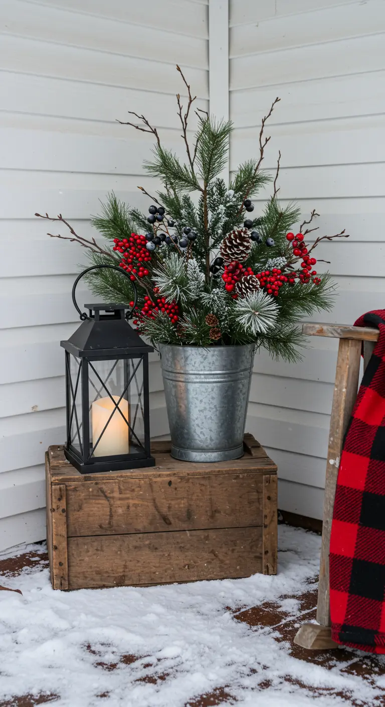 Christmas greenery in a bucket next to a lantern on a crate.