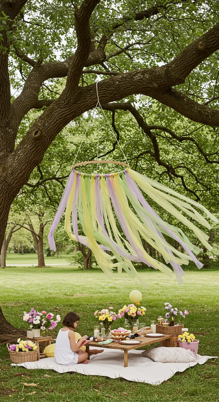 A DIY mobile made from a hoop and long pastel tulle streamers in a park.