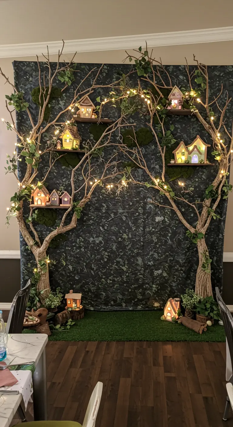 A party backdrop with two large faux trees, shelves holding tiny houses, and fairy lights.