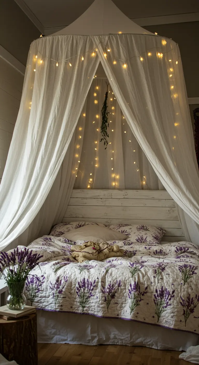 Bed with a white fabric canopy adorned with fairy lights and a lavender quilt.