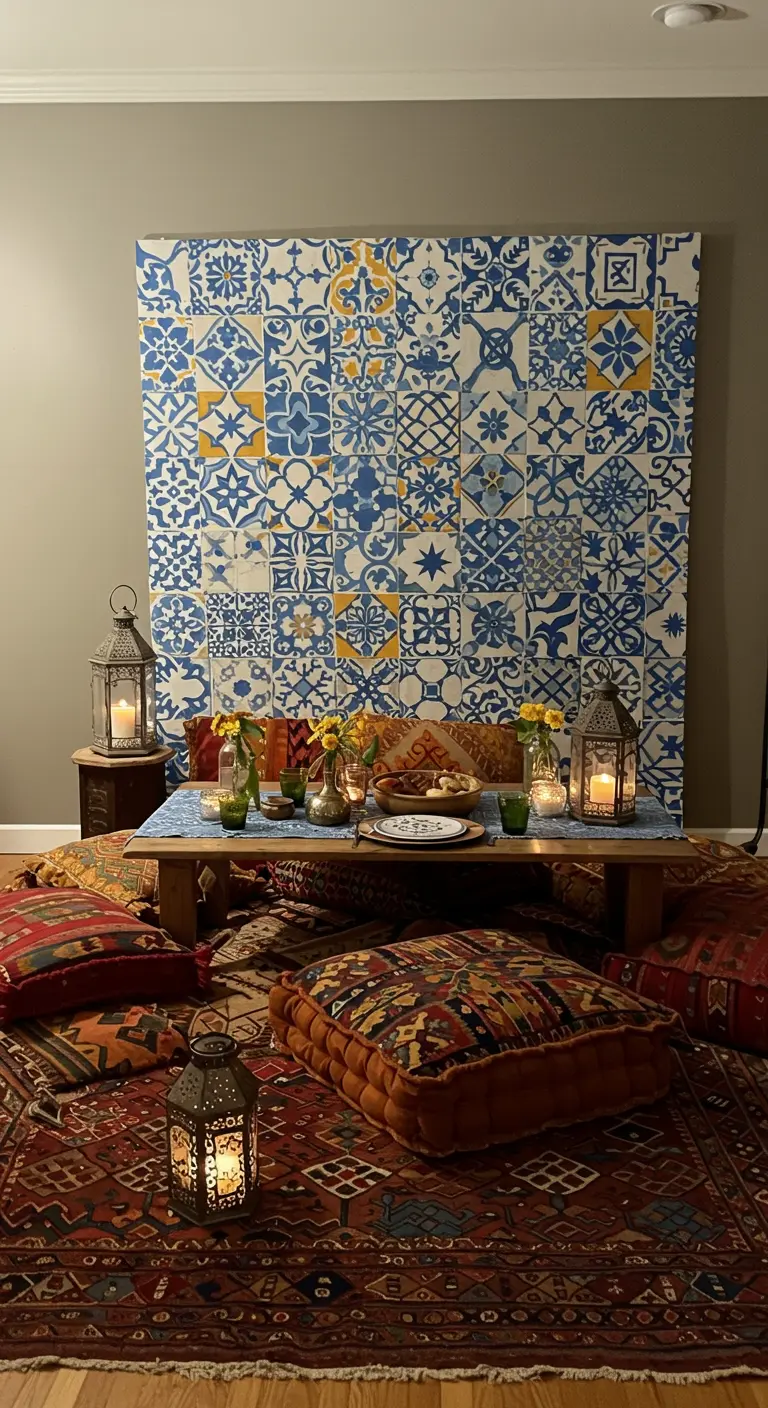 A backdrop painted to look like blue, white, and yellow Mediterranean tiles, behind a floor dining setup.