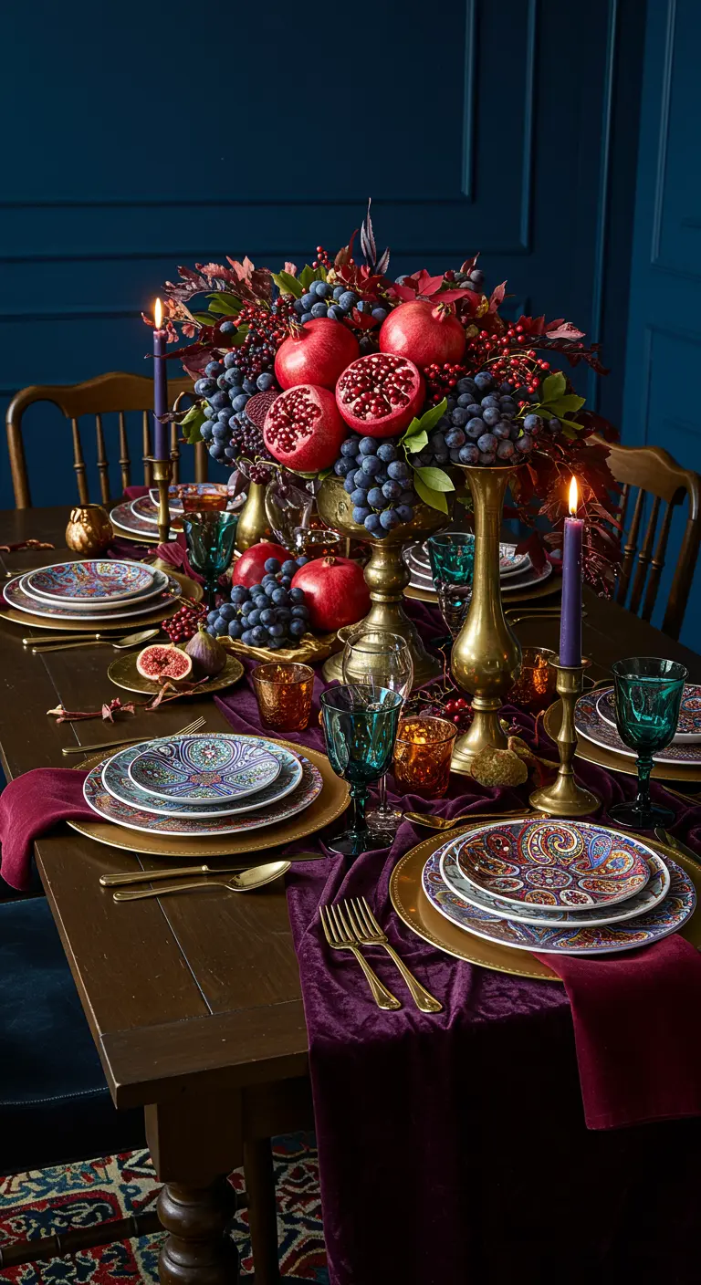 A jewel-toned tablescape with a centerpiece of pomegranates and grapes, and paisley-patterned plates.