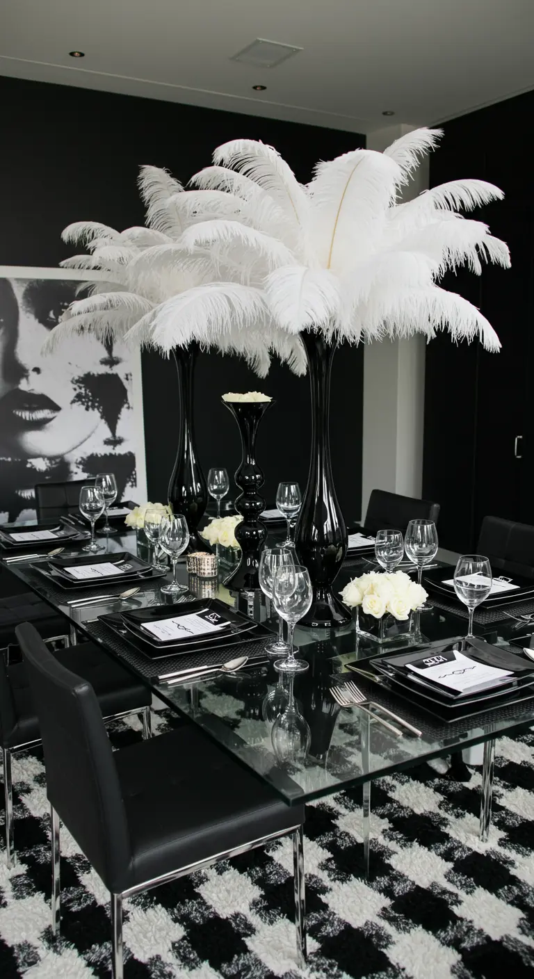 Glamorous glass dining table with tall black vases holding white ostrich feathers.