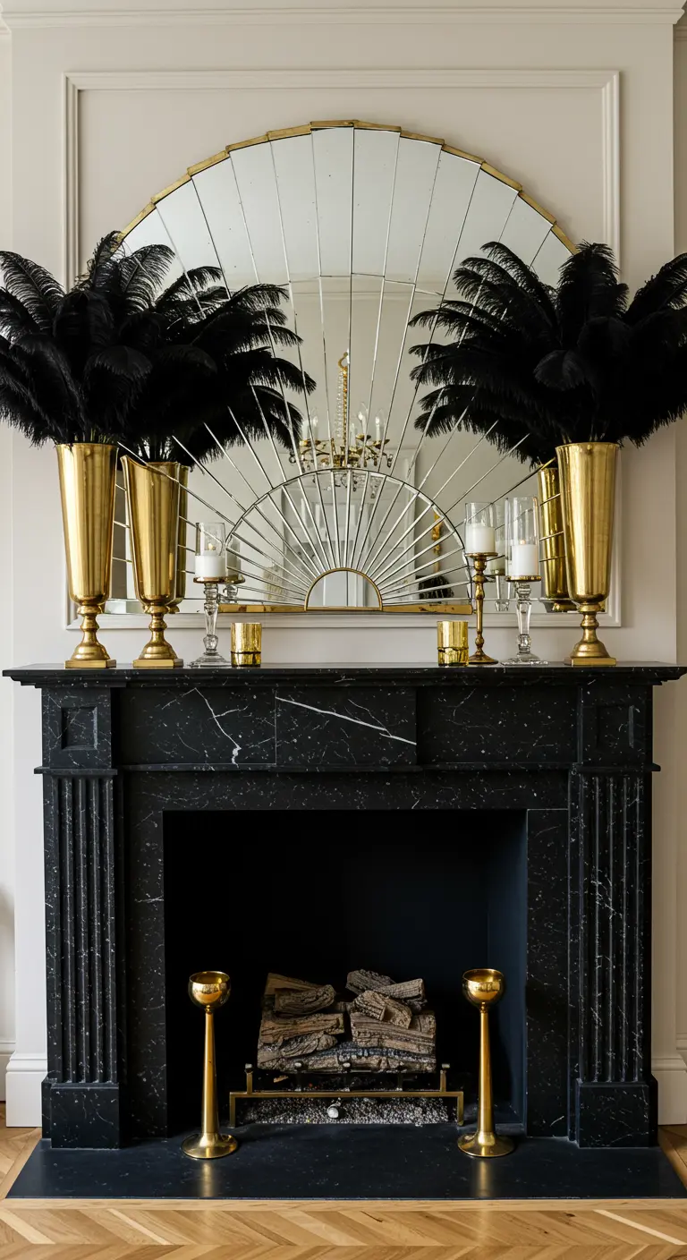 A black marble fireplace decorated with a sunburst mirror and tall gold vases filled with black feathers.