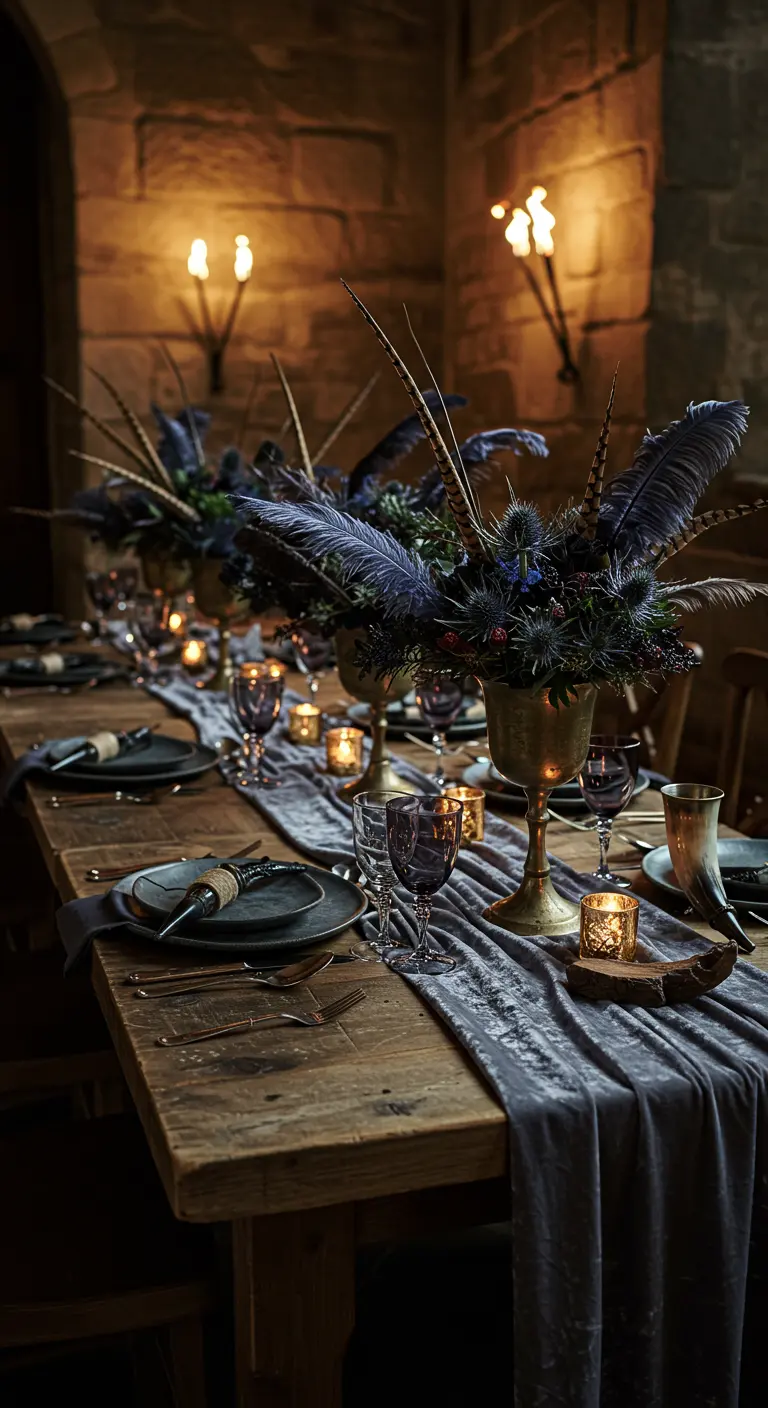 Rustic table with a grey velvet runner, dark feathers in the centerpiece, and wood accents.