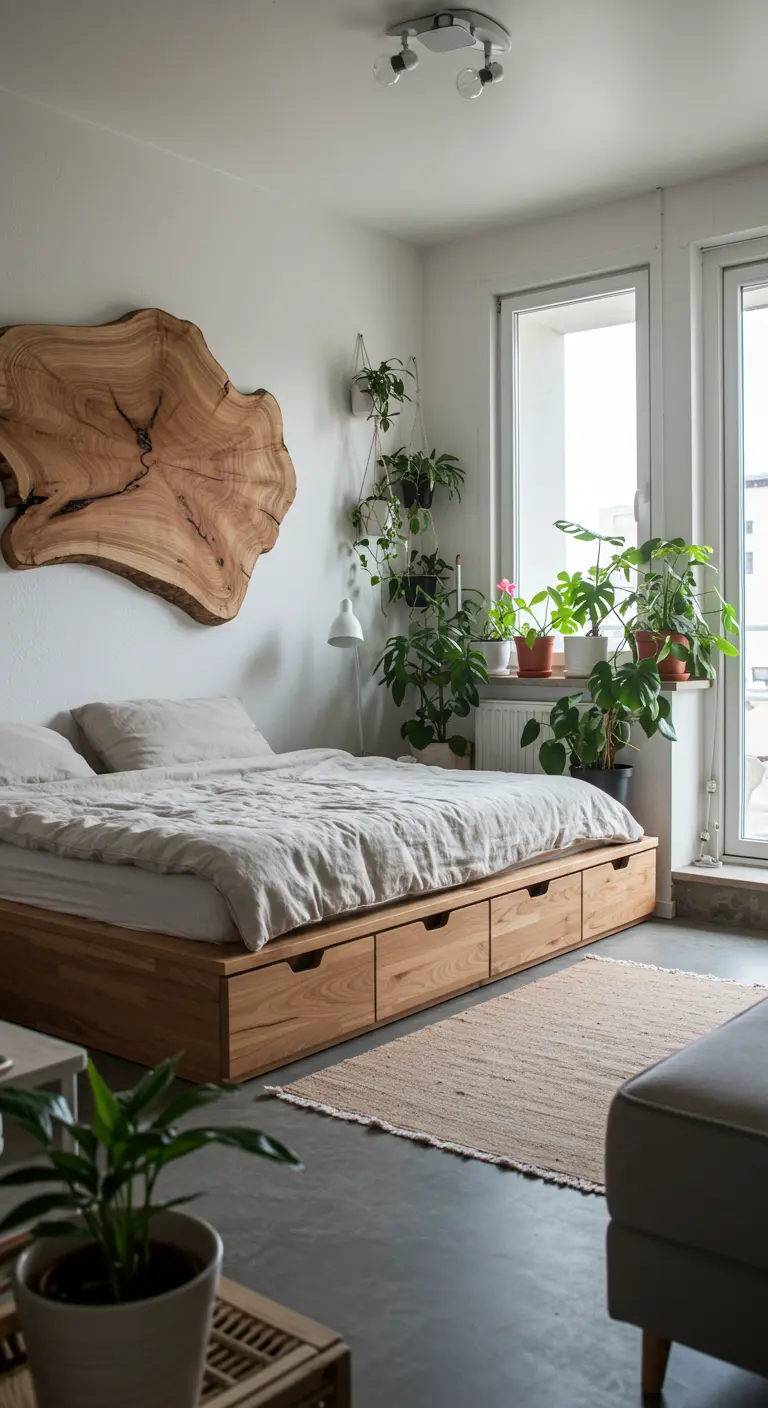 Bedroom with a large, sculptural live-edge wood slice on the wall above a platform bed.
