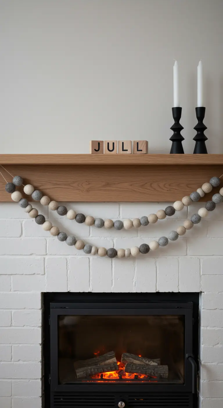 Modern mantel with a neutral felt ball garland and minimalist black candle holders.