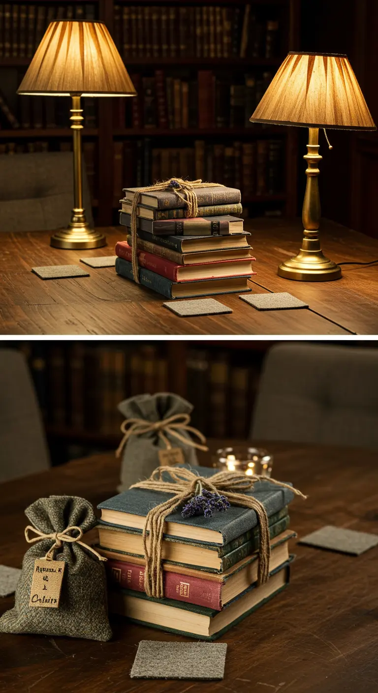 Coasters made from felted wool on a table with stacked books and warm lamps.
